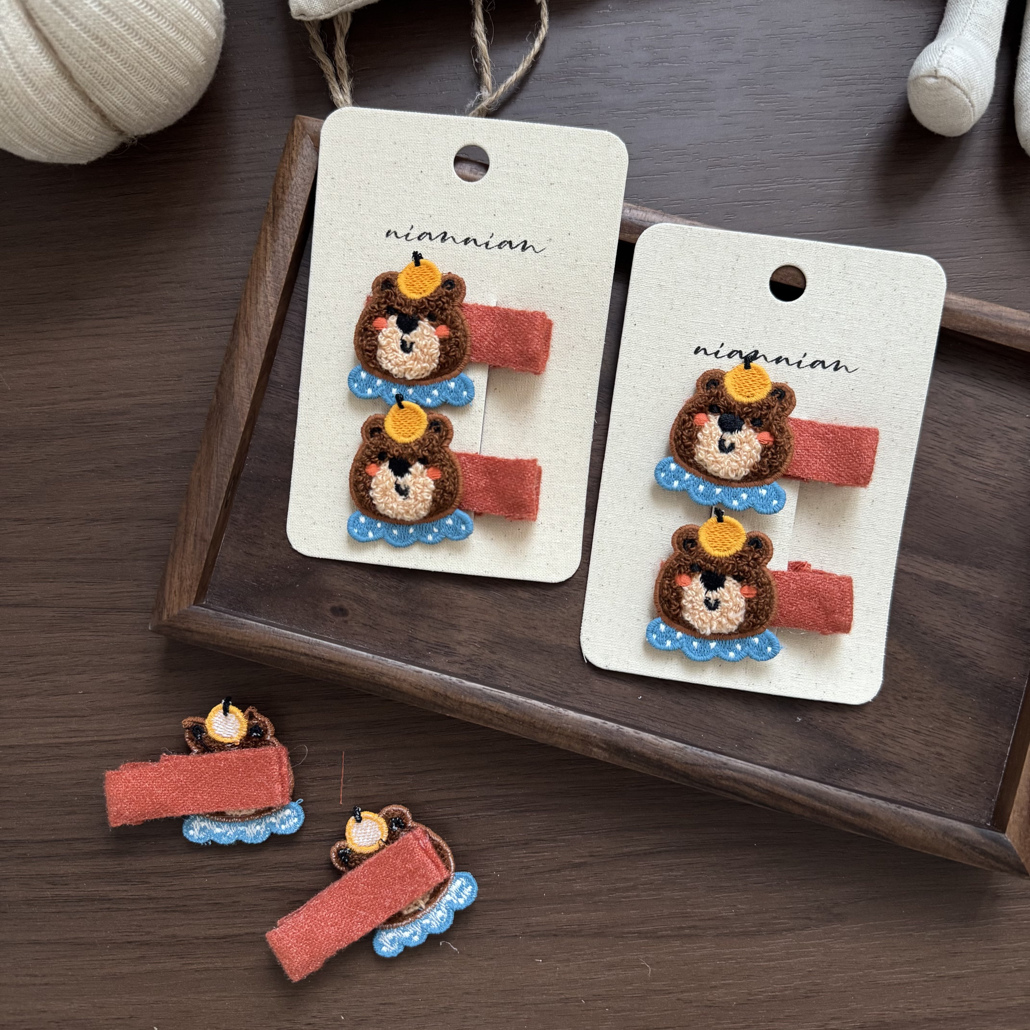 Little Ran 可爱卡通小熊发夹女童手工刺绣全包发饰儿童头饰