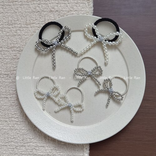 Little Ran儿童皮筋银色珍珠蝴蝶结发圈女百搭发饰头绳