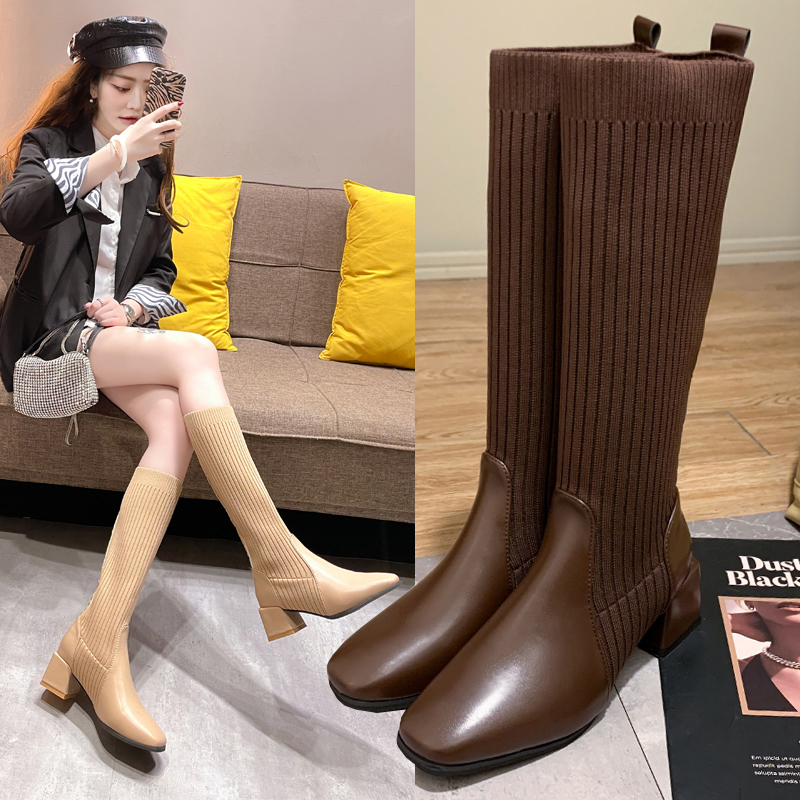 不过膝袜子靴粗跟瘦瘦靴其他复古