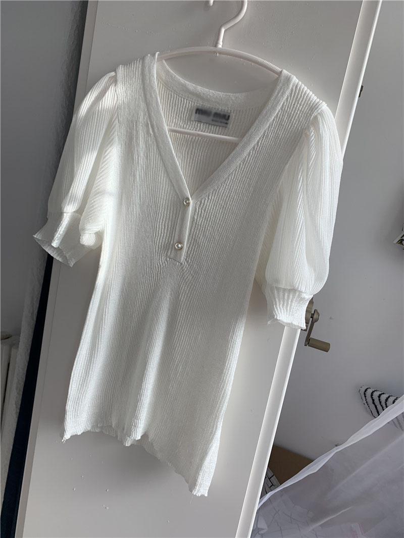 意大利  真丝亚麻针织 桑蚕丝 雪纺泡泡袖短袖 修身收腰 透气凉爽