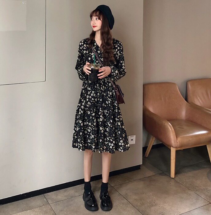 法式复古泫雅风ins中长款打底高冷御姐风成熟碎花连衣裙子秋冬季|msdalam kategori Butik wanita / wanita, pakaian - dari Buy2taobao.com untuk memberikan perkhidmatan ejen Taobao profesional membeli