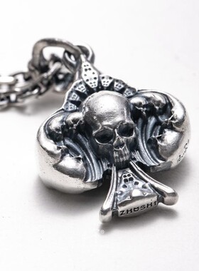 主师原创s925手工巴洛克骷髅纯银扑克牌黑红梅方项链吊坠