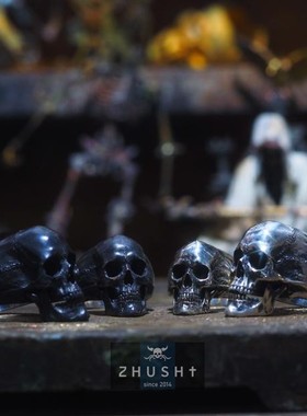 主师经典款纯银骷髅超写实戒指男女款情侣头骨戒指匠心手雕脊骨戒