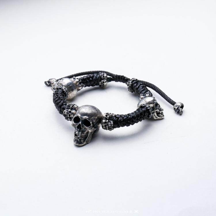 主师2023新款原创S925纯银手工制作写实暗黑系骷髅头编织手链