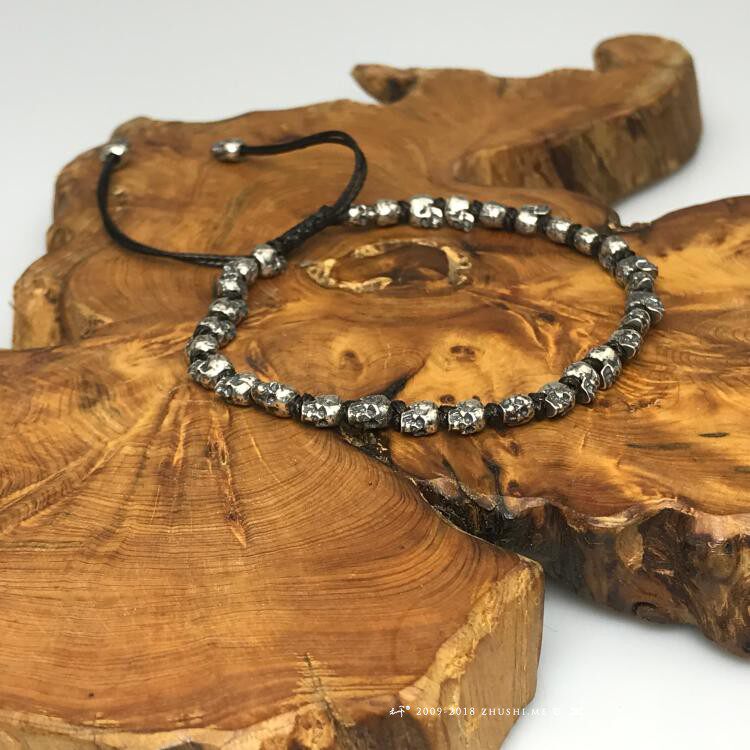 主师新款超精细s925原创可调节骷髅头纯手工编织手链脚链