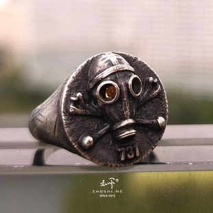 绝不遗忘731电影纪念版 主师 纯银防毒面具内部镶嵌镀金骷髅戒指