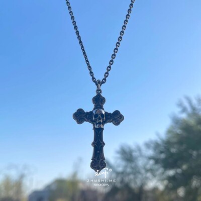 主师原创暗黑系纯银珐琅工彩艺十字架骷髅骨架纯手工s925项链吊坠