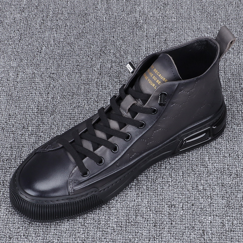 2024秋季新款时尚压花真皮高帮鞋男个性奶奶灰休闲鞋透气套脚板鞋
