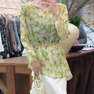 高级感晕染印花长袖上衣女夏季时尚设计感微透乔其纱系带防晒罩衫