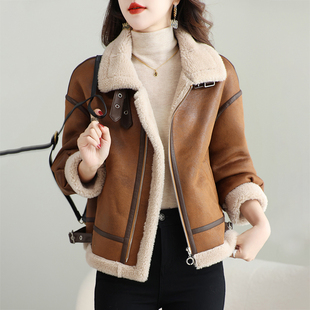 机车风夹克皮毛一体羊羔毛鹿皮绒2025秋冬季新短款皮草外套女立领