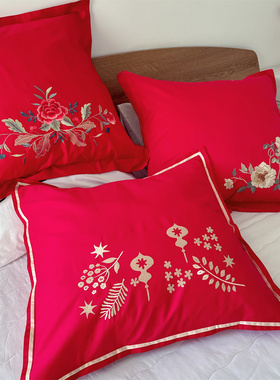 结彩~中式中国大红新年结婚喜庆纯全棉刺绣大靠垫抱枕套65x65一对