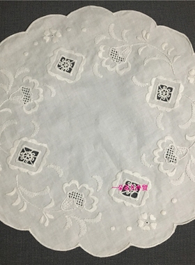 外贸出口老货手工刺绣花盘垫圆形巾白色纯全棉杯垫餐垫布田园小花