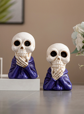 万圣节诡异摆件创意树脂摆件偷笑骷髅头骨工艺品恐怖氛围节庆装饰
