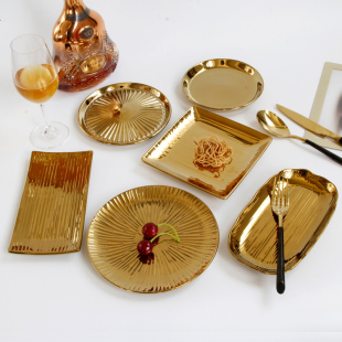 陶瓷盘子西餐汤盘餐具吃饭深盘子家用菜盘子镀金色装 饰摆盘酒店