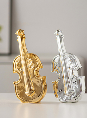 出品跨境陶瓷工艺品金色大提琴桌面摆件陶瓷小提琴家居桌面装饰