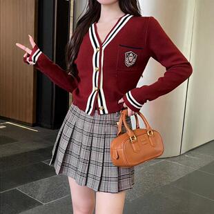 韩版ulzzang秋季新款法式气质时尚V领撞色针织上衣+格子半身裙女