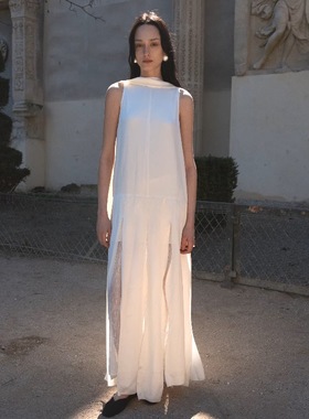 PREEKEND 皎月白/裸感格纹围巾领无袖蕾丝拼接开叉低腰连衣裙