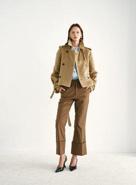 PREEKEND 驼色复古英伦风双排扣立领收腰短大衣