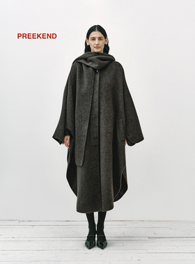 Preekend 羊毛蚕丝混纺秋冬双面尼围巾领蝙蝠袖设计感长大衣