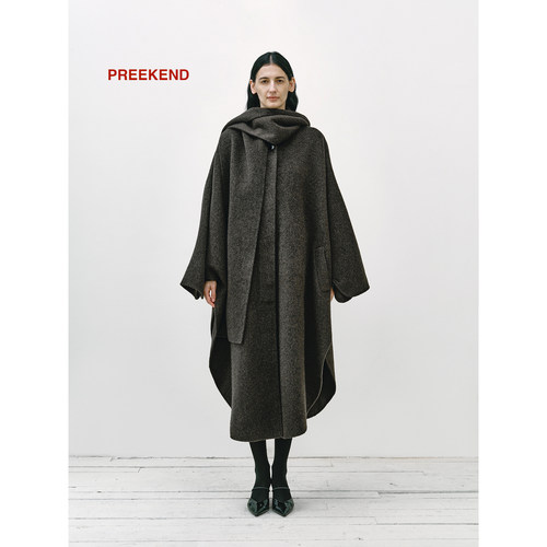 Preekend 羊毛蚕丝混纺秋冬双面尼围巾领蝙蝠袖设计感长大衣