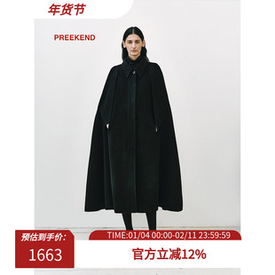 Preekend 100%羊毛黑色无袖斗篷双面呢大衣