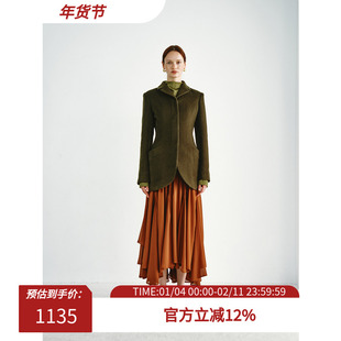 PREEKEND 100%羊毛立绒暗门襟收腰小翻领墨绿色中长款大衣