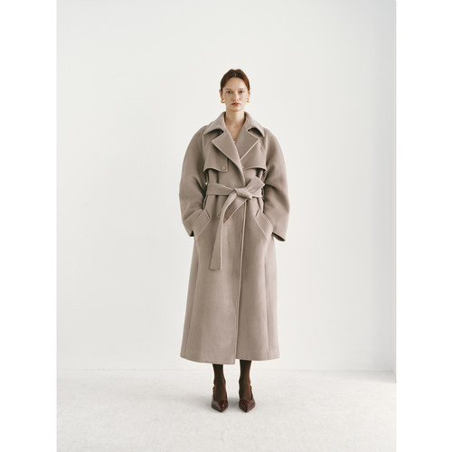 PREEKEND 蓝/沙色慵懒风廓形圆肩羊毛羊绒混纺大衣