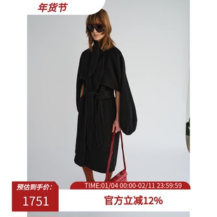 PREEKEND 100%羊毛兔耳朵灯笼袖系腰两穿中长款斗篷双面尼大衣