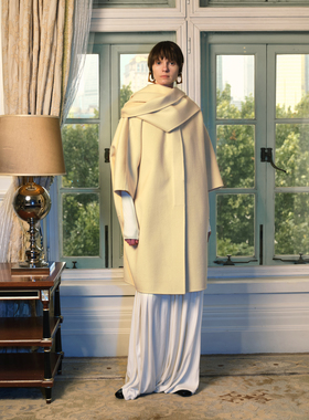 Preekend 米黄色黑色茧型羊毛中长款双面昵大衣