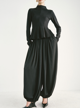 PREEKEND 黑色垂坠高腰阔腿高腰灯笼裤