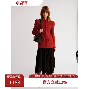 PREEKEND 羊毛羊绒混纺红色复古摩登修身正肩立领真皮扣短大衣