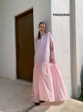 Preekend 黑色粉色醋酸垂感拼纱立裁茧型连衣裙