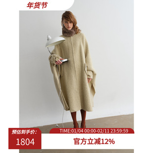 PREEKEND 羊毛混纺可拆卸褐灰围脖中长款阔型双面呢斗篷大衣