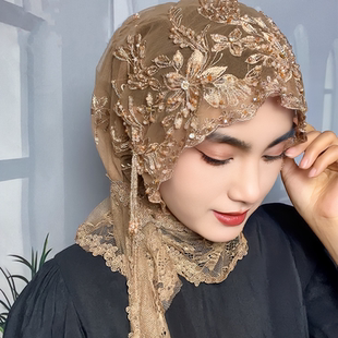 头巾女包头帽子高档盖头披肩帽手工流苏帽纱巾帽旅游蕾丝帽子围巾