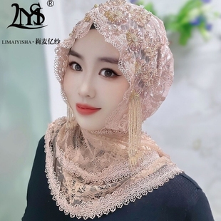 披肩帽子一体式头巾盖头女时尚方便套头流苏帽包头帽子蕾丝遮发帽