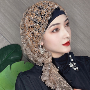 盖头女头巾披肩帽子女包头帽纱巾时尚套头遮发帽纯手工蕾丝飘带帽