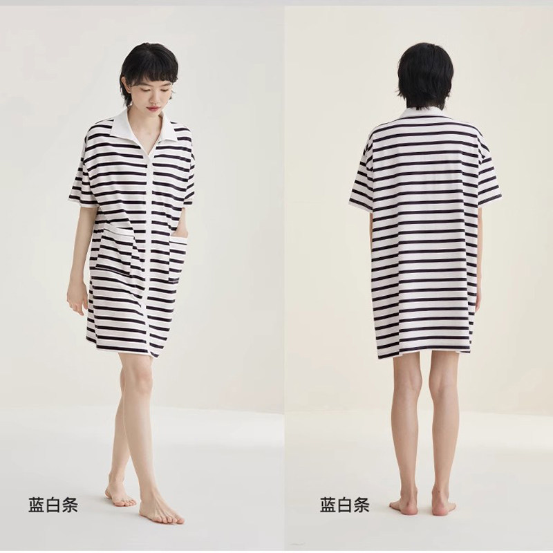 红豆海军风黑白条纹睡裙女夏季薄款睡衣可外穿翻领宽松显瘦家居服