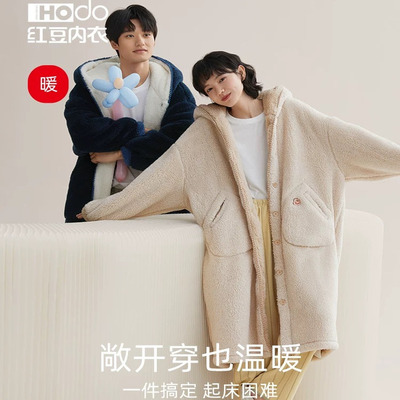 红豆情侣泡泡绒睡袍加厚男士连帽浴袍女冬珊瑚绒睡衣法兰绒家居服