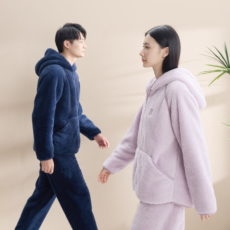 红豆珊瑚绒睡衣男款冬季加厚法兰绒连帽卫衣情侣装女士家居服套装