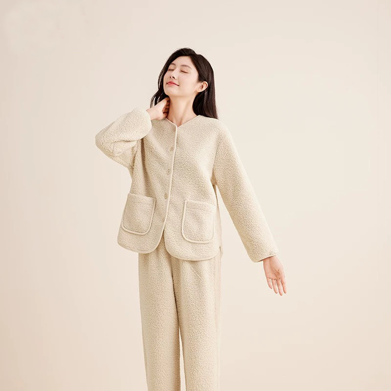 红豆实体店同款冬季女士开衫双层复合泰迪绒加厚保暖家居服可外穿