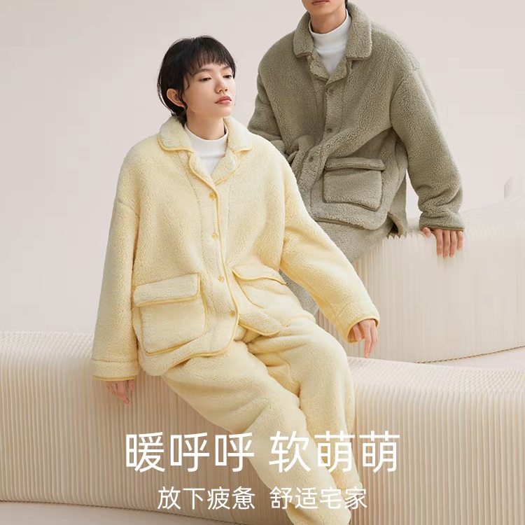 红豆情侣泡泡绒睡衣男士秋冬季加厚法兰绒女珊瑚绒休闲家居服套装