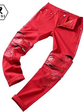 宇犀新款机车拉链皮裤拼皮裤男真皮拼接弹力红色牛仔长裤修身3038