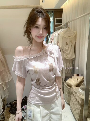 纯欲风蕾丝拼接印花短袖T恤女夏季新款设计感抽绳收腰韩系穿搭