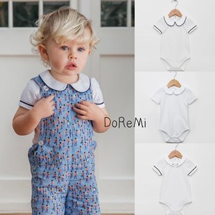 西班牙童装男婴童翻领刺绣百搭打底衣纯棉短袖连体哈衣宝宝包屁衣