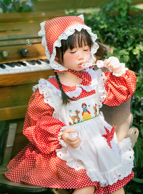 秋冬白雪公主打揽裙萝莉纯棉蕾丝红色波点lolita长袖套装可爱复古