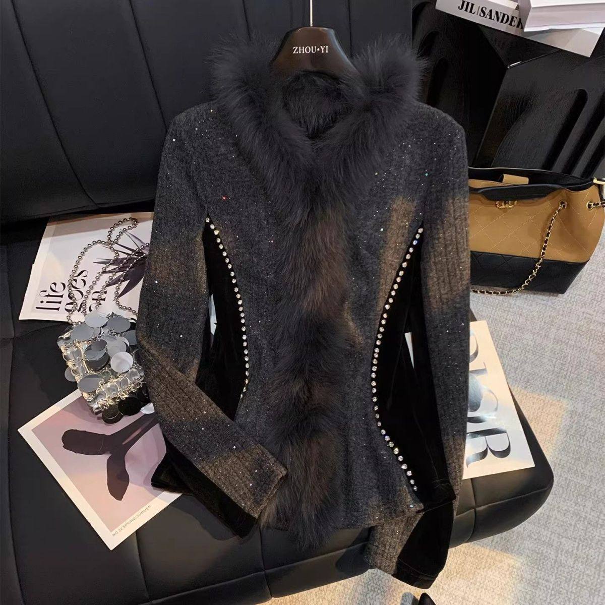 韩版高级感撞色镶钻毛领拼接长袖T恤女2026春季新款气质修身上衣,女装/女士精品,大码内搭,淘宝优惠券,粉丝福利购,淘宝优惠卷