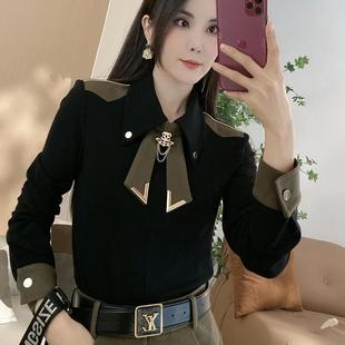 欧货高级感撞色领带Polo领长袖 气质磨毛绒上衣 T恤女2025秋冬新款