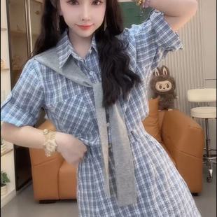 裙 韩系气质假两件披肩格子正肩连衣裙女2025夏显瘦可盐可甜衬衫