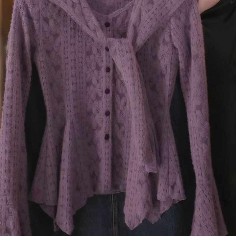 法式高级紫色披肩圆领蕾丝衫女