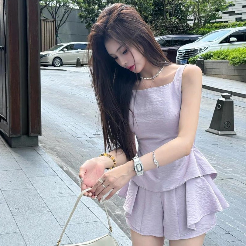 法式高级感露背系带吊带衬衫荷叶边裤裙两件套女2025夏季新款套装